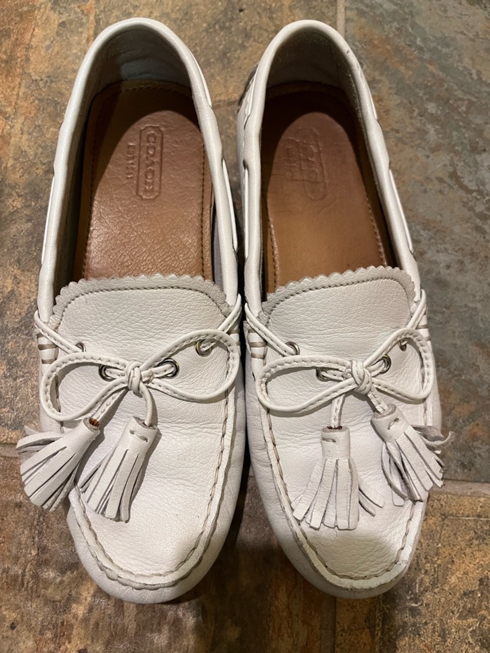Coach White Leather Tassel Driving Loafers